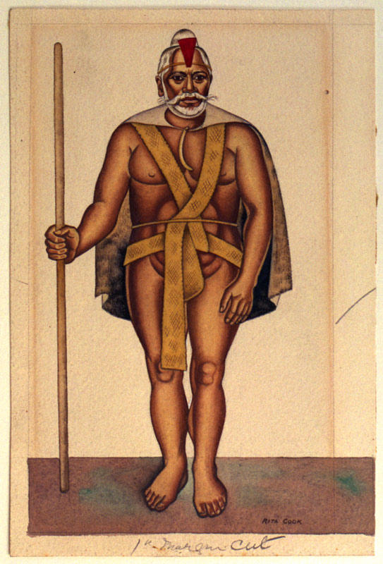 Watercolour painting by Rita Angus titled Moriori Chief in Ceremonial Dress, showing a standing figure in ceremonial attire holding a staff