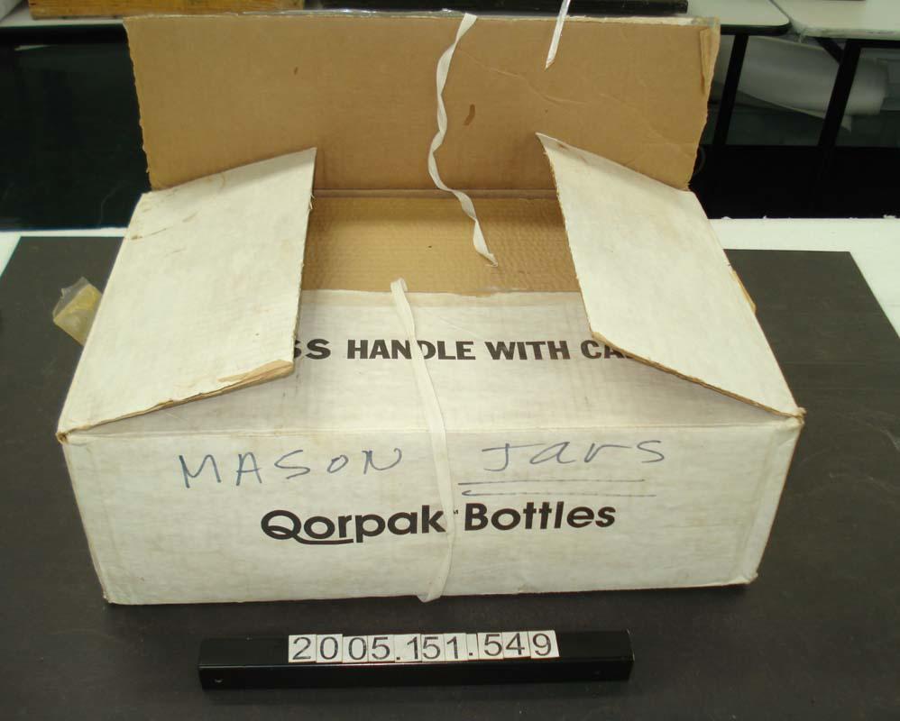 Qorpak bottles also called mason jars in cardboard box Canterbury Museum