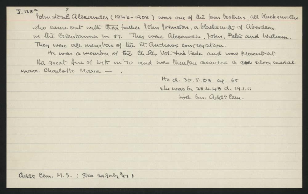 Macdonald Dictionary Record Alexander Johnston Canterbury Museum